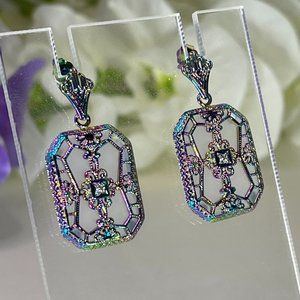 Rainbow Filigree Earrings with White Camphor Glass and CZ Accent Stone